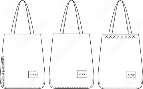 Tote bag sketch, front view, AMOR branding, line drawing, fashion accessory, textile mockup, handle detail, decorative stitch, vector illustration template
