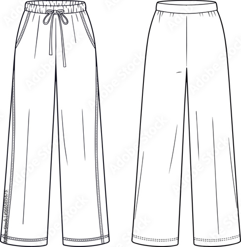 Wide-leg pants technical sketch, fashion illustration, drawstring waist, cuffed hem, front and back view, garment design, sewing pattern template