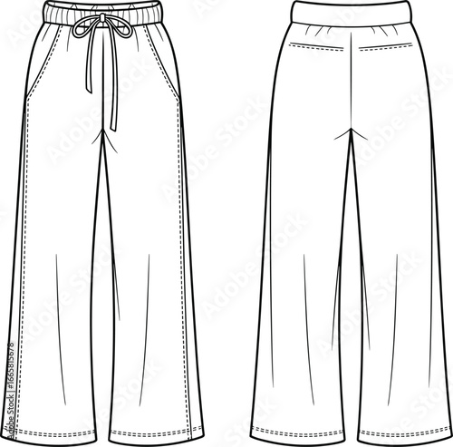 Wide-leg pants technical sketch, fashion illustration, drawstring waist, elastic waistband, slanted pockets, yoke seam, garment design, sewing pattern template