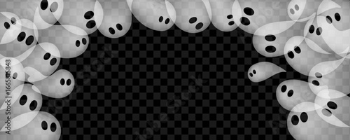 Halloween banner template with transparent ghosts shadows. White foggy funny spooky boo characters layout
