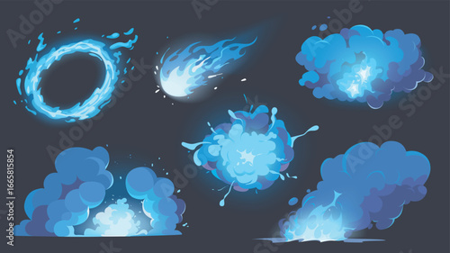 Smoke clouds cartoon elements set. Collection of blue energy ring, fireball motion, different explosions with fire center, cloud puffs and dusts, fireworks for game effects. Vector illustration.