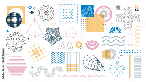 Geometric shapes elements set. Collection of different types of circles, spheres, grids, triangles, frames, striped waves, sun, star, arch, spiral, cross and more basic forms. Vector illustration.