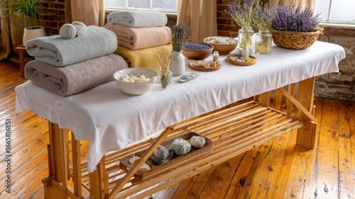 Spa therapy setup with herbal compresses and rustic wellness elements