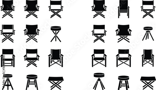Collection of director's chairs and stools representing outdoor seating, camping, and relaxation in a minimalist style