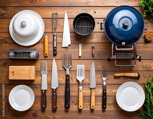 Flat lay of various grilling utensils and tools on a wooden surface