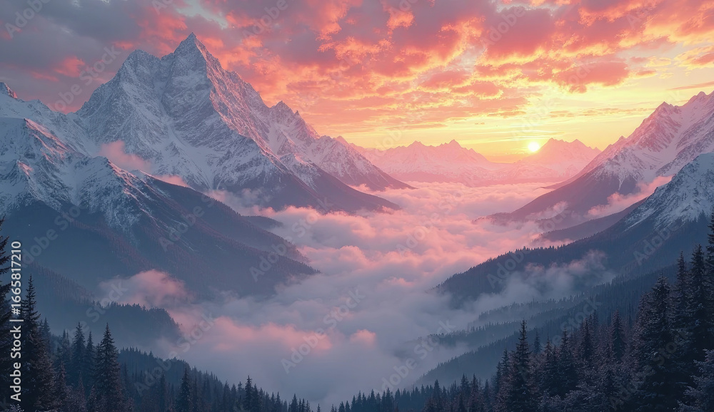 Obraz premium Scenic mountain landscape with sunrise and mist, dramatic sky