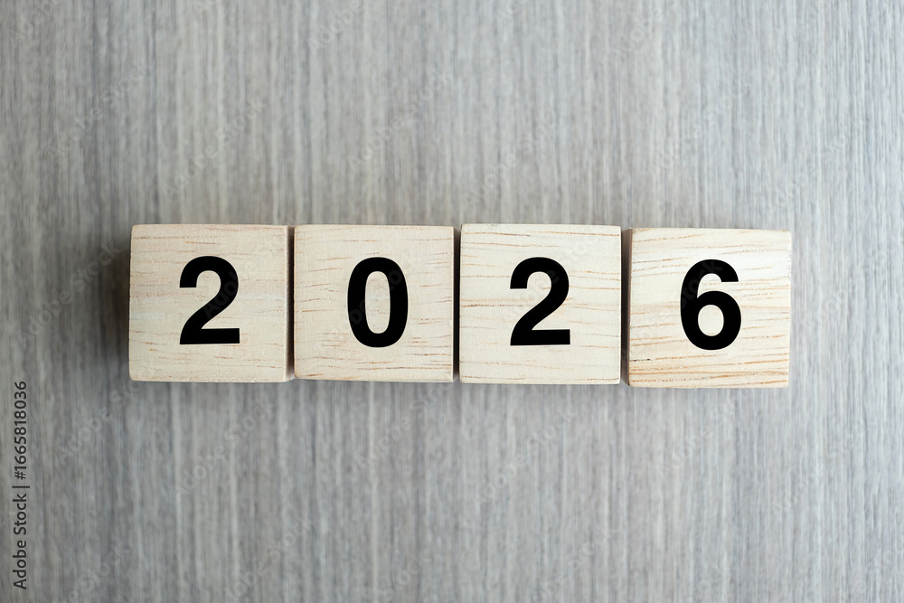 Fototapeta premium block 2026 text on table. Resolution, strategy, plan, goal, motivation, reboot, business and New Year holiday concepts