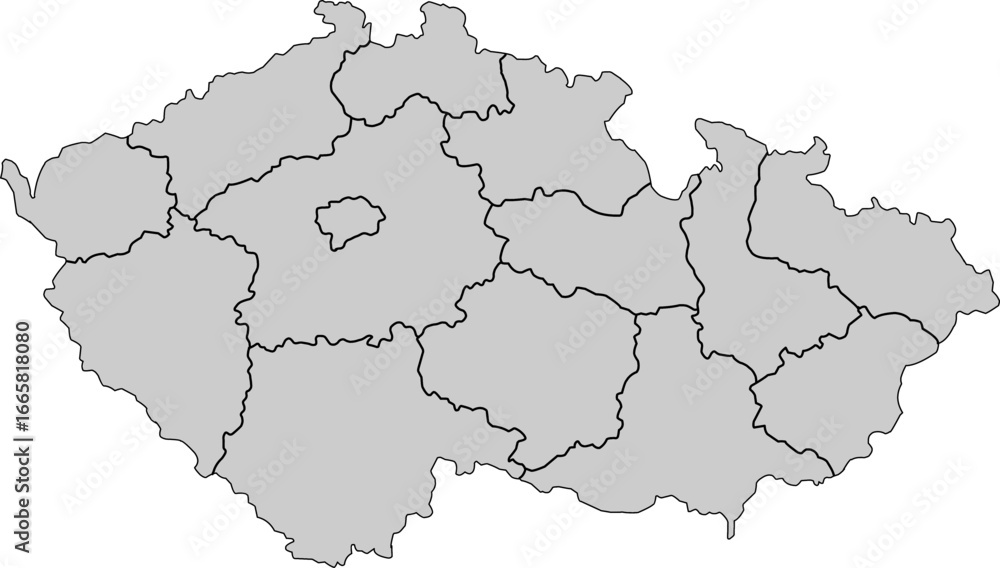 Fototapeta premium : A sleek, grey political map of the Czech Republic with clearly defined regional borders. Perfect for professional, educational, and data visualization projects.