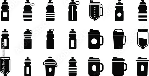 Collection of various water bottle icons for sport, fitness, gym, travel, and outdoor activities