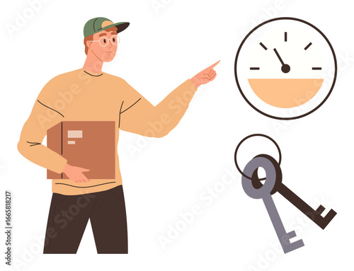 Young male holding a parcel and pointing at a progress gauge, accompanied by floating keys. Ideal for delivery, logistics, timing, security, business goals, productivity and guidance. Simple flat