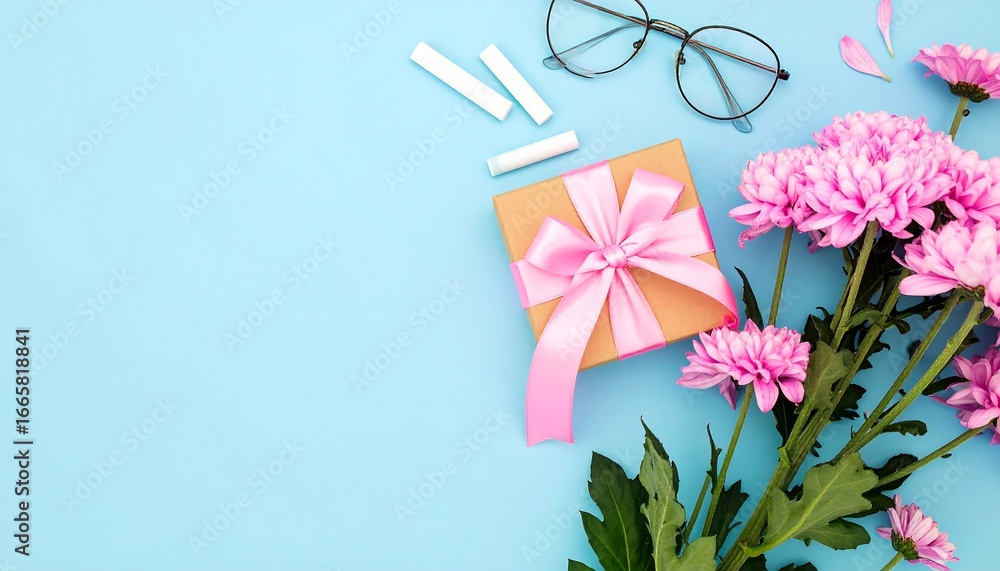 Obraz premium Pastel Gift, Pink Flowers, and Glasses on a Light Blue Background