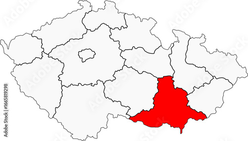 Map of the Czech Republic highlighting the South Moravian Region. Ideal for projects on its famous wine regions, historic city of Brno, and cultural heritage.