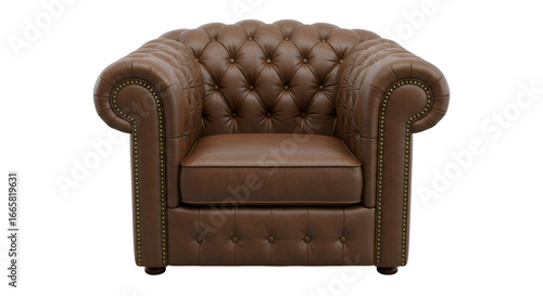 Isolated 3D Render of a Classic Brown Leather Armchair with Gold Studs
