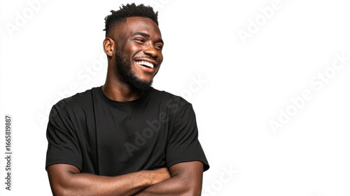 horizontal shot of handsome cheerful man looks happily away smiles broadly wears casual black t shirt isolated over white background with blank copy space being in good mood laughs at something no lo