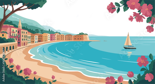 Illustration of a beach scene with buildings and palm trees nearby
