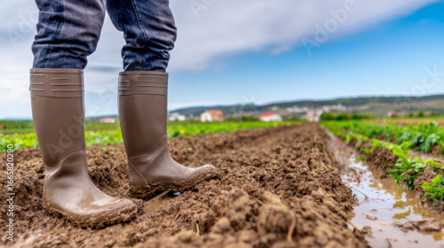 Agricultural worker wearing rubber boots stands on wet soil in a lush green field, showcasing the connection between farming and nature in a vibrant rural landscape