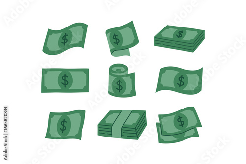 Dollar bill vector set flat minimal green cash icons set. Money cash vector pack simple illustration collection. Dollar notes element design pack for finance, business, banking, economy