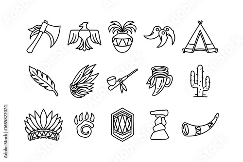 American native ornament outline icons set. Tribal decorative line art element design collection. Ethnic heritage linear symbol pack for boho and culture. Vector Illustration