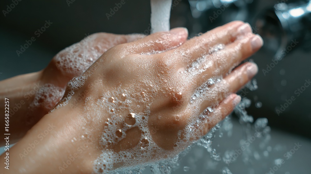 Fototapeta premium young woman washing cleansing soapy hands in bathroom to prevent coronavirus infection cleaning skin care in foamrubbing hands rinsing with running water covid 19 protection concept close up view no