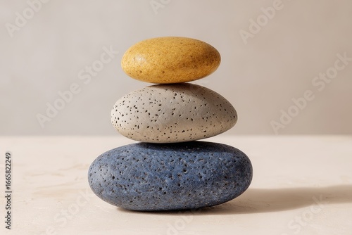 A stack of three smooth, textured stones in muted yellow, gray, and blue tones sits balanced atop a light beige surface, evoking a sense of tranquility and equilibrium.