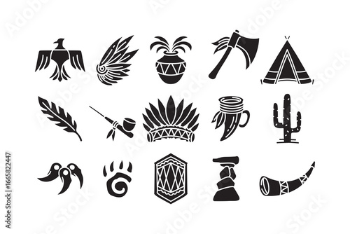 Axe, Eagle, Pottery, Fang, Tent, Feather, Smoker pipe, Horn, Cactus, Headdress, Print paw, Shield, Rock, Trumpet silhouette vector illustration icon set for American native culture decor and ornament