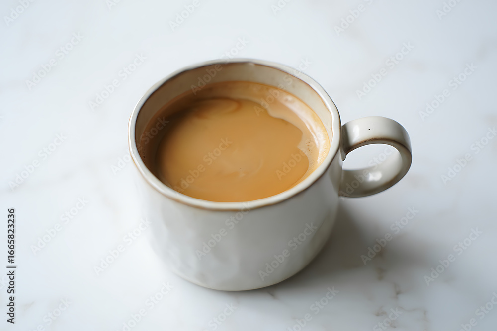 Fototapeta premium A Delicious Hot Beverage Steaming Gently in a Ceramic Mug on a Brightly Lit Marble Surface Creating a Cozy Morning Atmosphere