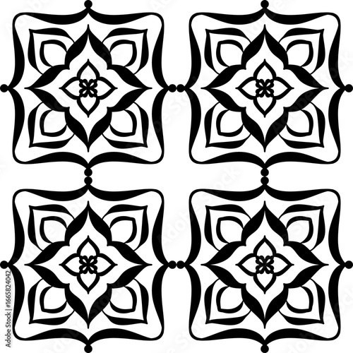 Seamless Black and White Floral Geometric Tile Pattern – Vector Decorative Mandala Design for Wallpaper, Fabric, Scrapbooking, Wrapping Paper, and Digital Backgrounds