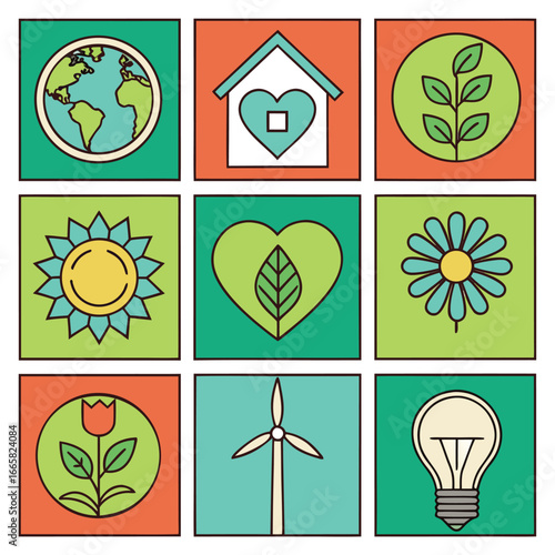 Vector line art color icon set and ecology icon 