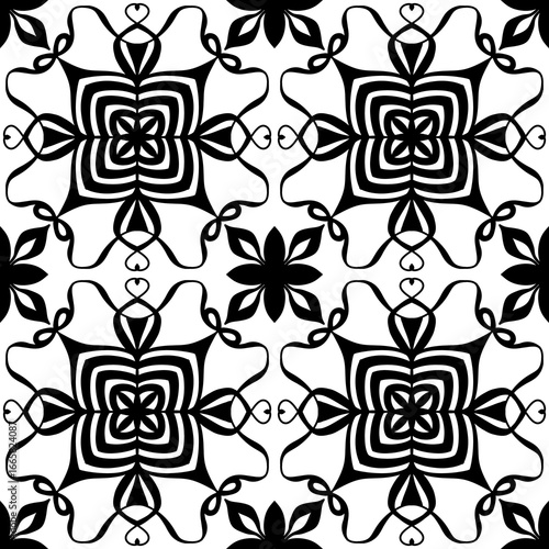 Seamless Black and White Abstract Floral Mandala Pattern – Vector Decorative Tile Design for Wallpaper, Fabric, Scrapbooking, Wrapping Paper, and Digital Backgrounds
