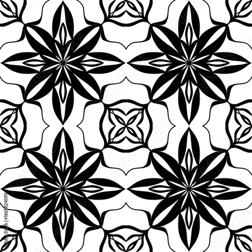 Seamless Black and White Geometric Floral Mandala Pattern – Vector Decorative Tile Design for Wallpaper, Fabric, Scrapbooking, Wrapping Paper, and Digital Backgrounds