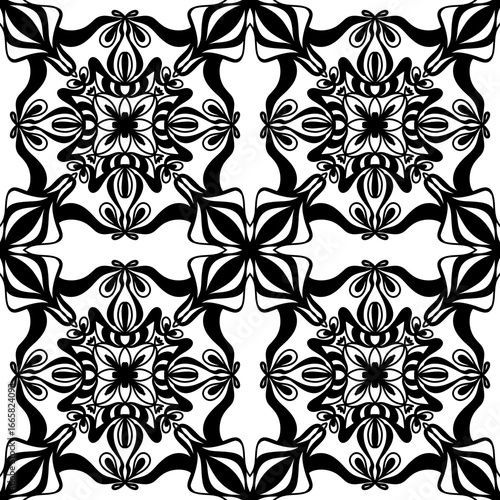 Seamless Black and White Ornamental Mandala Tile Pattern – Vector Decorative Floral Design for Wallpaper, Fabric, Scrapbooking, Wrapping Paper, and Digital Backgrounds