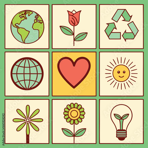 Vector line art color icon set and ecology icon 