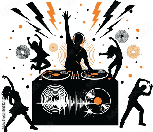 Energetic DJ silhouette mixing music on turntables while a lively crowd of people dances around, surrounded by dynamic sound waves and lightning bolts.