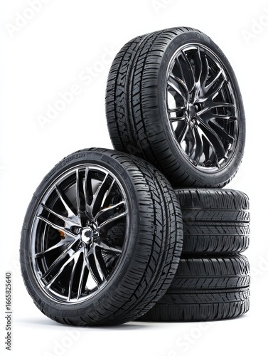 stacked black car tires with alloy rims isolated on transparent white background clipping path