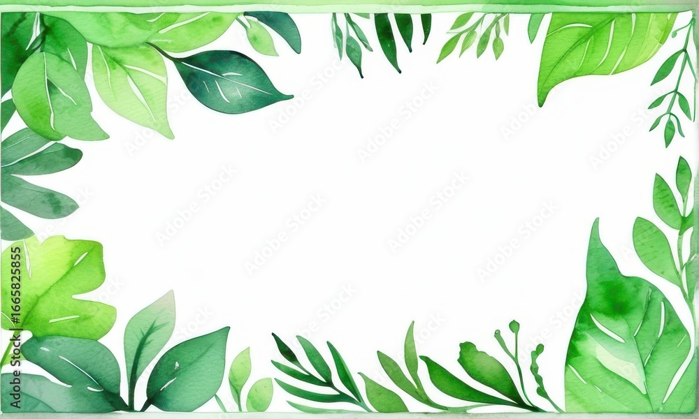Naklejka premium Lush Green Watercolor Leaf Frame on White Background