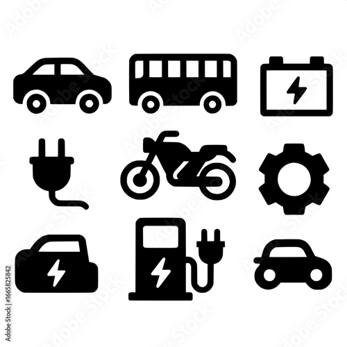 "Flat black and white icon grid illustrating EV charging and maintenance concepts: car, bus, motorcycle, battery, plug, charging station, gear. Clean modern design with bold outlines, solid fills, eve