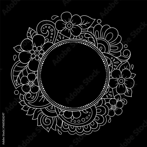 Frame in eastern tradition. Stylized with henna tattoos decorative pattern for decorating covers for book, notebook, casket, magazine, postcard and folder. Flower border in mehndi style.