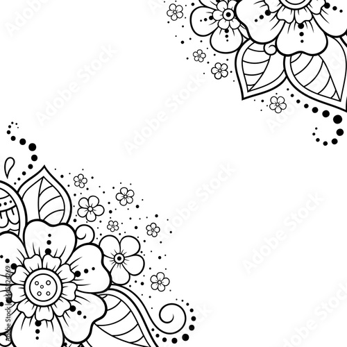 Frame in eastern tradition. Stylized with henna tattoos decorative pattern for decorating covers for book, notebook, casket, magazine, postcard and folder. Flower border in mehndi style.