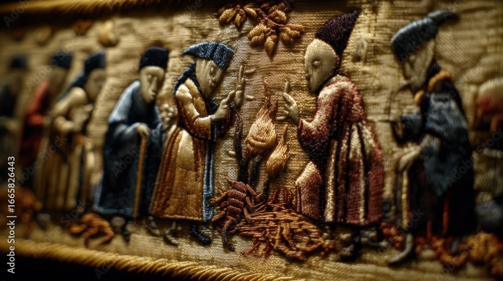 Naklejka premium Craftspeople engage in rituals related to religion and esotericism. Each figure in the scene displays unique actions with symbolic items, showcasing important cultural practices from the past.