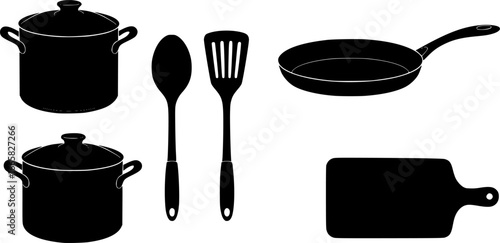Black and white kitchen utensils including a pot, pan, spatula, spoon, and cutting board items | editable eps vectors silhouette
