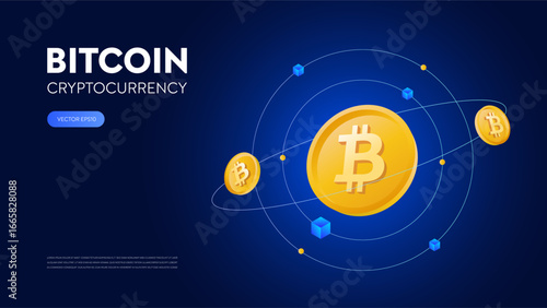 Bitcoin around by gradient blockchain cube icons. Virtual futuristic cryptocurrency trade. 3D neon crypto currency coins orbit network system connect with digit link for fintech with glow neon effect.