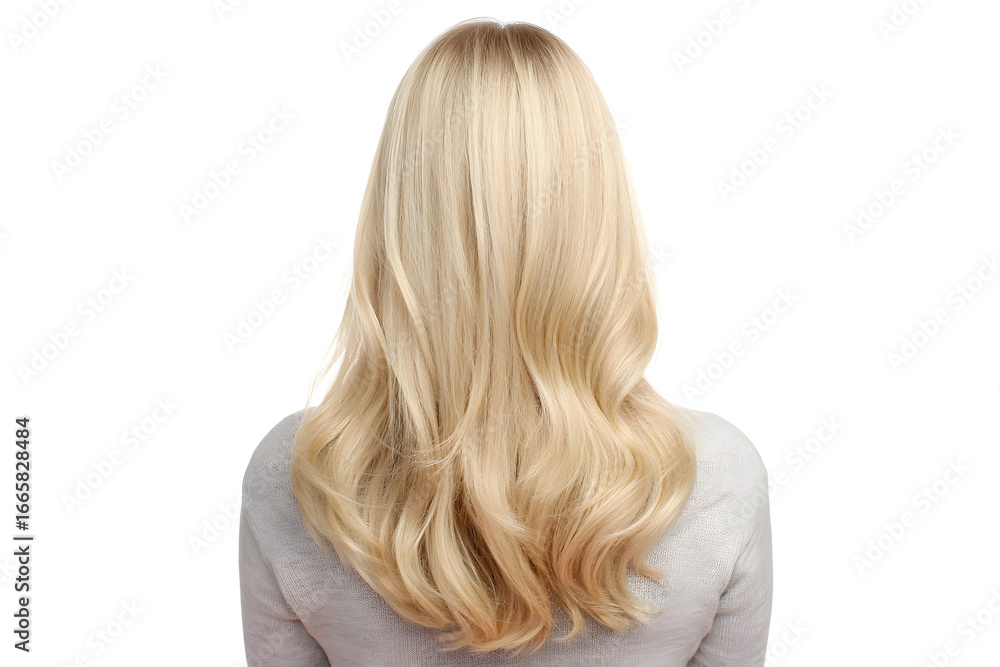 Fototapeta premium Back view of a woman with long blonde wavy hair against a white background in a studio setting shot .