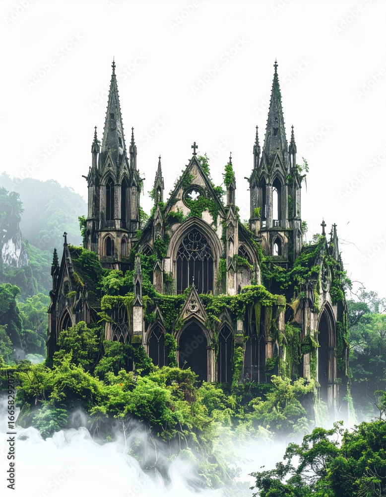 Obraz premium Mystical overgrown gothic cathedral ruins, shrouded in mist and lush vegetation