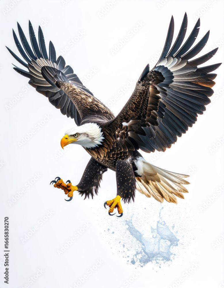 Obraz premium Majestic bald eagle descending with talons extended towards water surface, impressive aerial hunting prowess