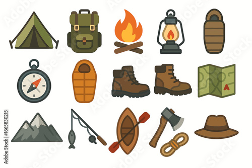 Camping gear icons: tent, backpack, campfire, lantern, sleeping bag, compass, boots, map, mountain, fishing, kayak, axe, hat