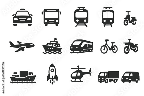 Icon set featuring various transportation modes in simple black silhouettes