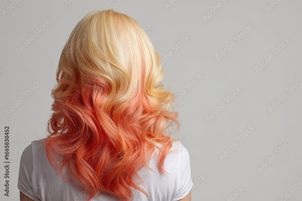 Naklejka premium A vibrant, coral-toned ombre hairstyle showcases soft, wavy curls against a simple gray backdrop.