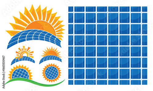 Set logos and seamless background with solar energy.