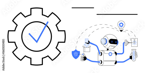 Robot performing automation tasks, surrounded by tools, shield, idea bulb, gear. Ideal for technology, AI, innovation productivity automation multitasking efficiency. Clean simple flat metaphor