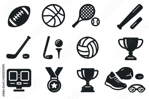Icon set of popular sports equipment and awards: basketball, tennis, football, trophies, medals